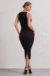 Black Plunge Sleeveless Midi Dress With Tie Waist